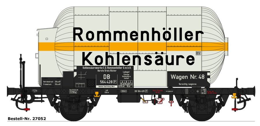 Wagen Nr. 48, Kessel weiß, mit gelbem Streifen, große Aufschrift "Rommenhöller Kohlensäure", Bauzustand ca. 1965